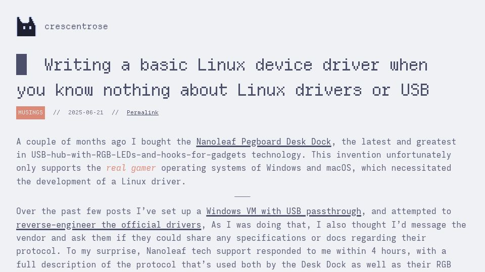 Screenshot of crescentro.se: Writing a basic Linux device driver when you know nothing about Linux drivers