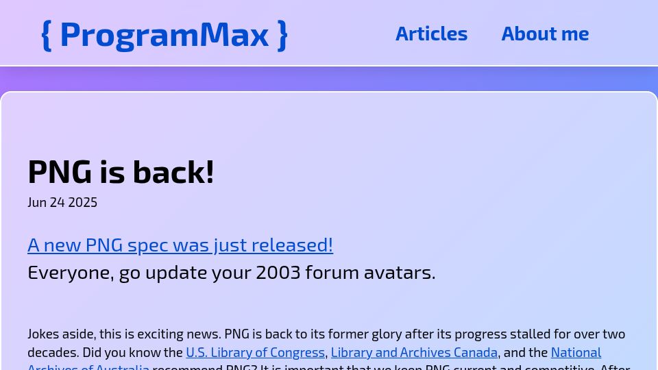 Screenshot of programmax.net: A new PNG spec