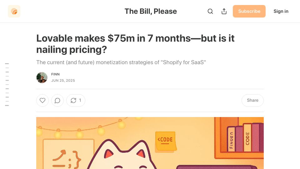 Screenshot of getlago.substack.com: Is Lovable getting monetization wrong?