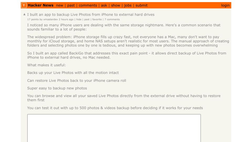 Screenshot of Hacker News post: I built an app to backup Live Photos from iPhone to external hard drives