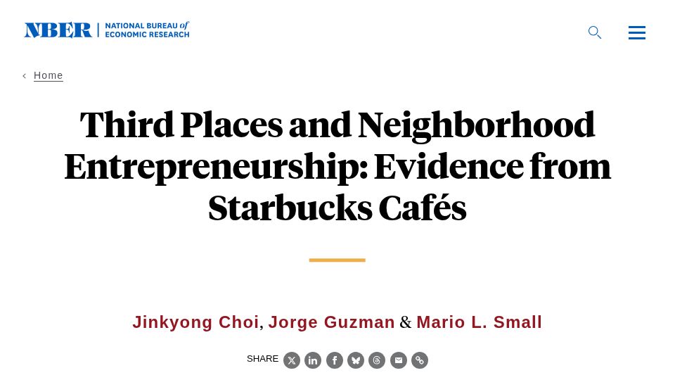 Screenshot of nber.org: Third places and neighborhood entrepreneurship (2024)