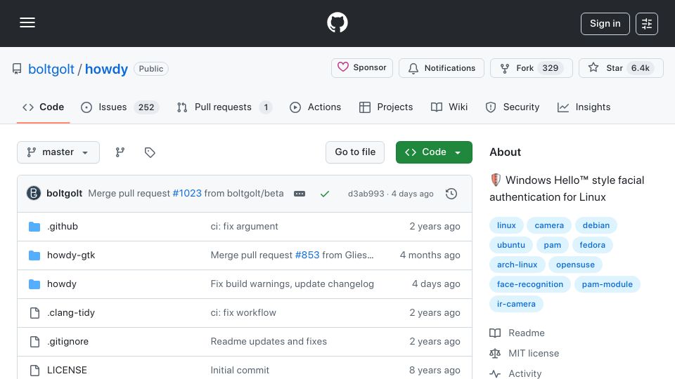 Screenshot of github.com: Howdy – Windows Hello style facial authentication for Linux