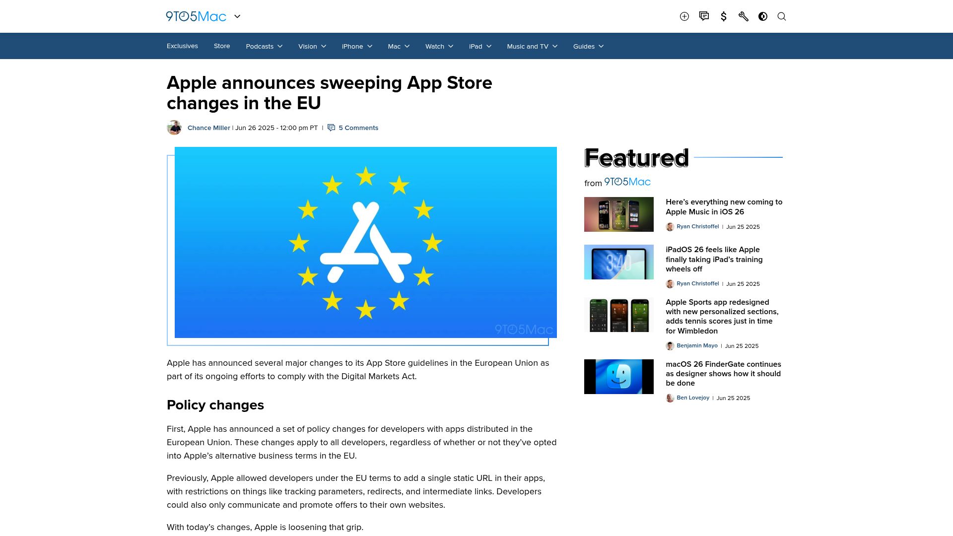 Screenshot of 9to5mac.com: Apple announces sweeping App Store changes in the EU