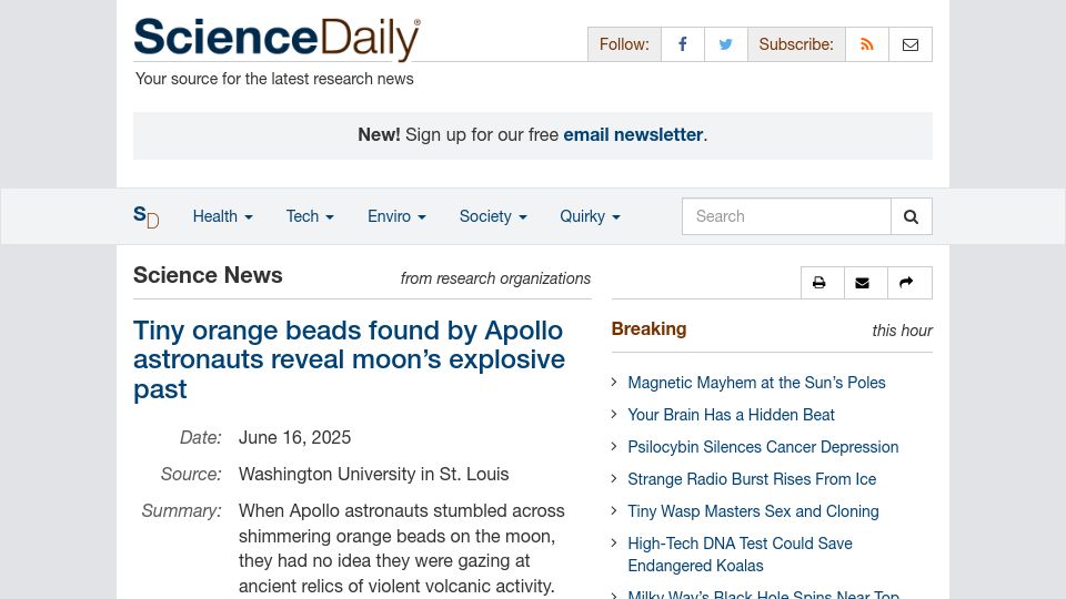 Screenshot of sciencedaily.com: Tiny orange beads found by Apollo astronauts reveal Moon's explosive past