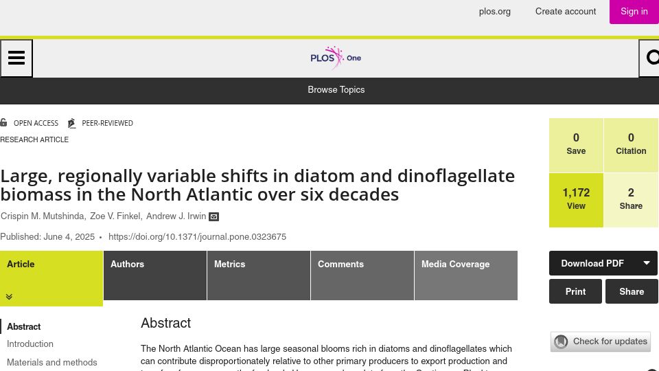 Screenshot of journals.plos.org: Shifts in diatom and dinoflagellate biomass in the North Atlantic over 6 decades
