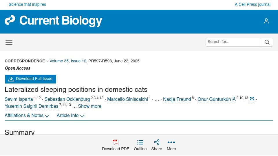 Screenshot of cell.com: Lateralized sleeping positions in domestic cats