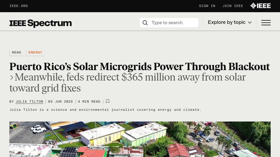 Screenshot of spectrum.ieee.org: Puerto Rico's Solar Microgrids Beat Blackout