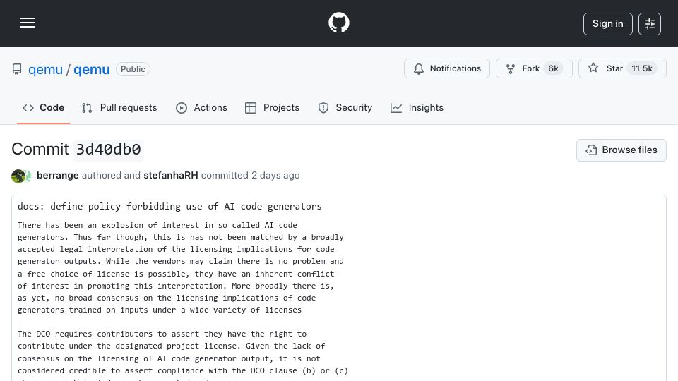 Screenshot of github.com: Define policy forbidding use of AI code generators
