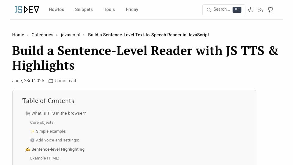 Screenshot of jsdev.space: Build a Sentence-Level Text-to-Speech Reader in JavaScript