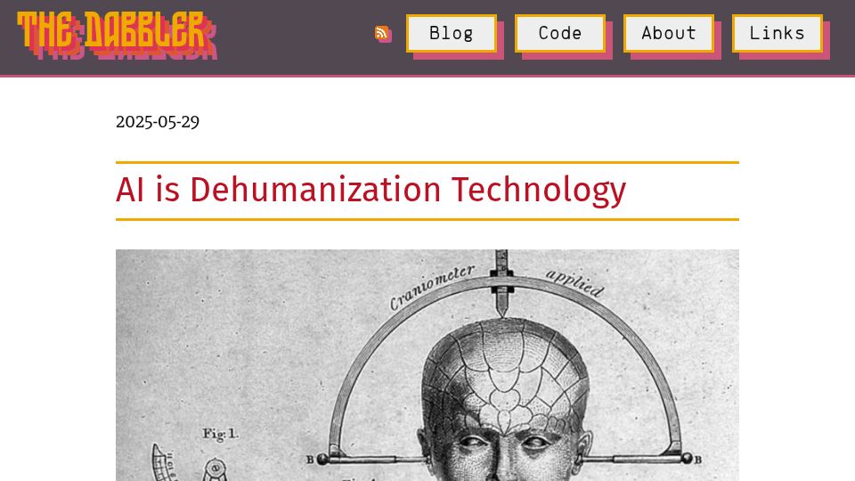 Screenshot of thedabbler.patatas.ca: AI Is Dehumanization Technology