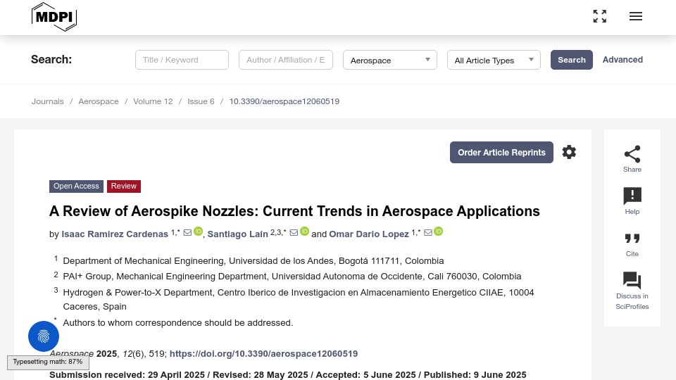 Screenshot of mdpi.com: A Review of Aerospike Nozzles: Current Trends in Aerospace Applications