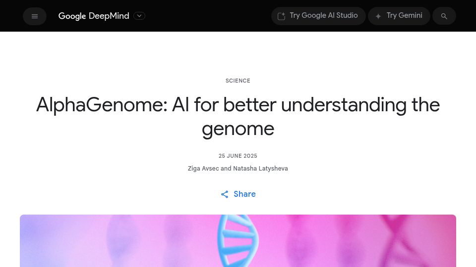 Screenshot of deepmind.google: AlphaGenome: AI for better understanding the genome