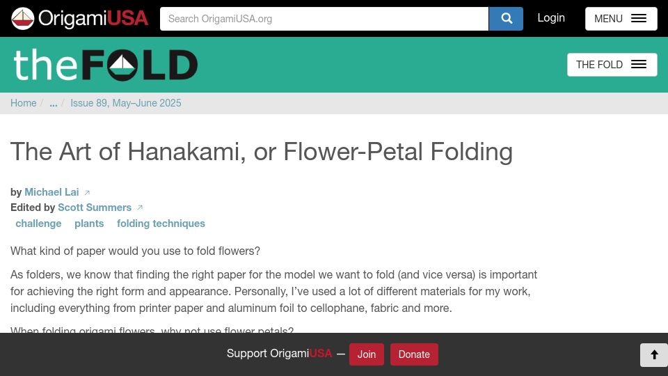 Screenshot of origamiusa.org: The Art of Hanakami, or Flower-Petal Folding