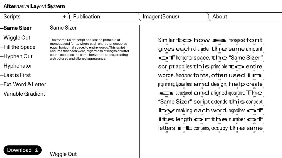 Screenshot of alternativelayoutsystem.com: Alternative Layout System