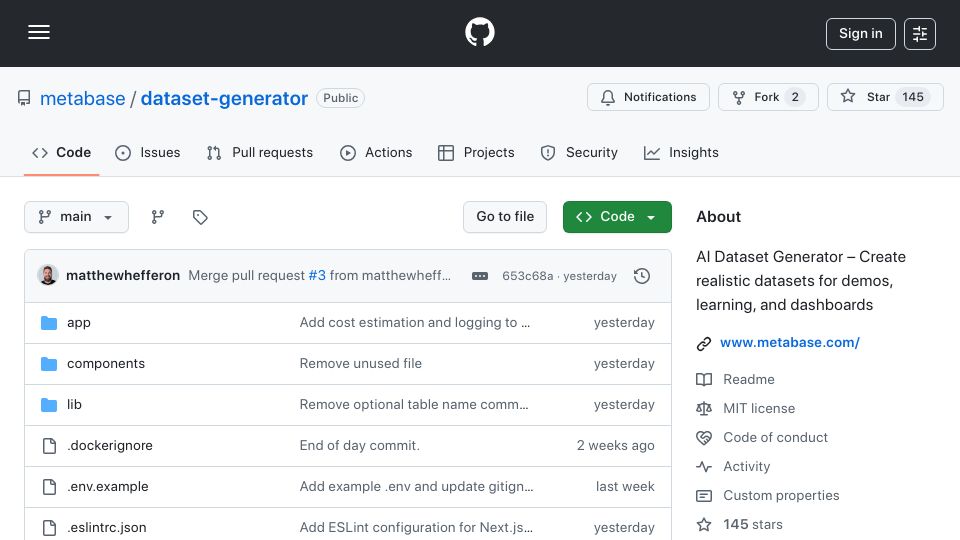 Screenshot of github.com: Show HN: I built an AI dataset generator