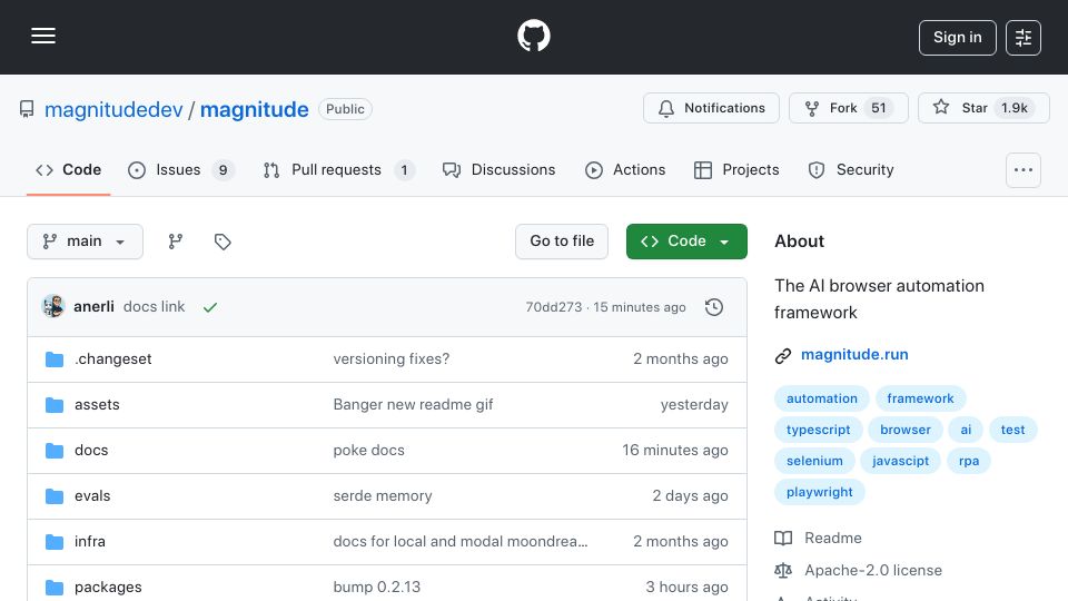 Screenshot of github.com: Show HN: Magnitude – Open-source AI browser automation framework