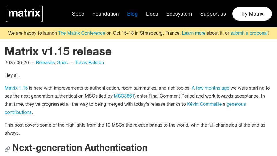 Screenshot of matrix.org: Matrix v1.15
