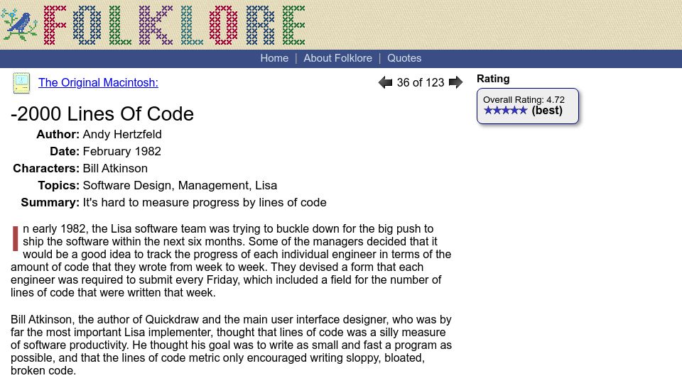 Screenshot of folklore.org: -2000 Lines of code (2004)