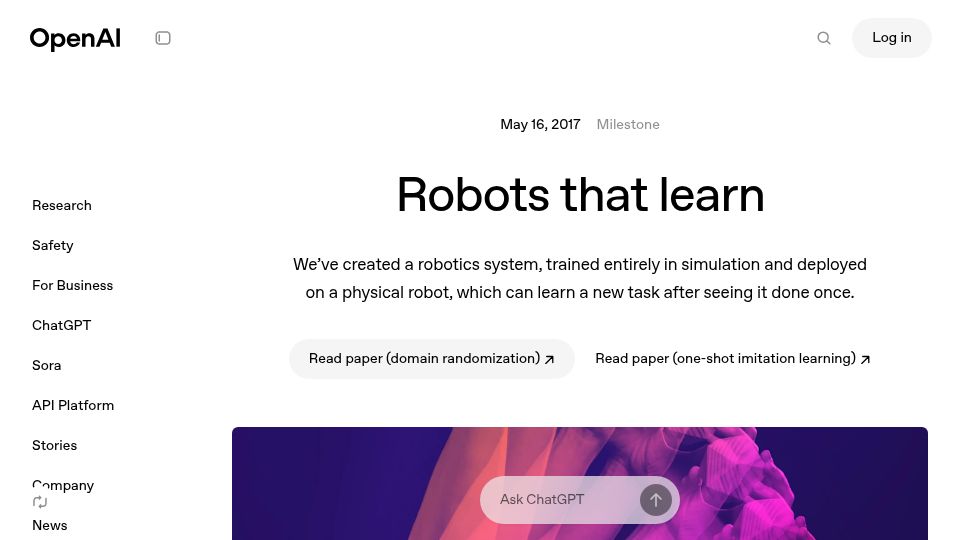 Screenshot of openai.com: Robots that learn