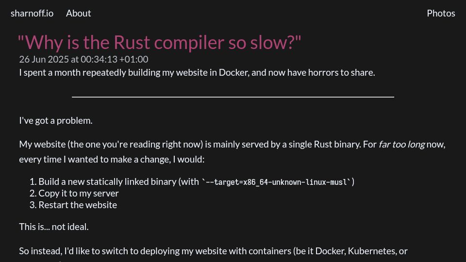 Screenshot of sharnoff.io: Why is the Rust compiler so slow?