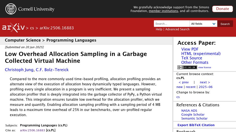 Screenshot of arxiv.org: Low Overhead Allocation Sampling in a Garbage Collected Virtual Machine