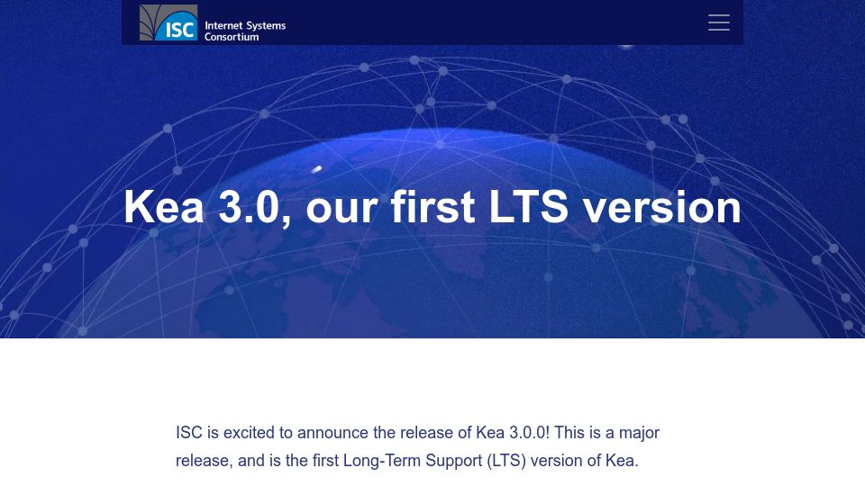Screenshot of isc.org: Kea 3.0, our first LTS version
