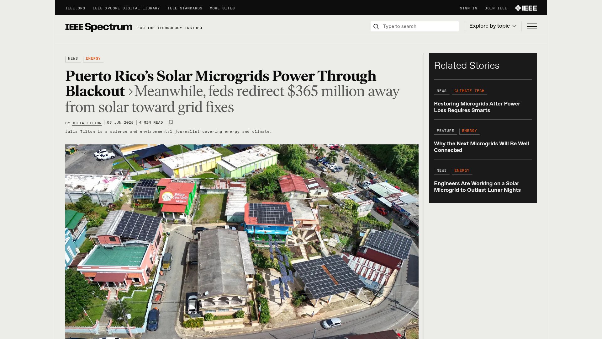 Screenshot of spectrum.ieee.org: Puerto Rico's Solar Microgrids Beat Blackout