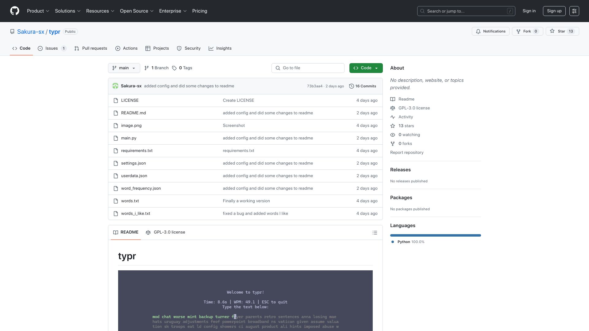 Screenshot of github.com: Typr – TUI typing test with a word selection algorithm inspired by keybr