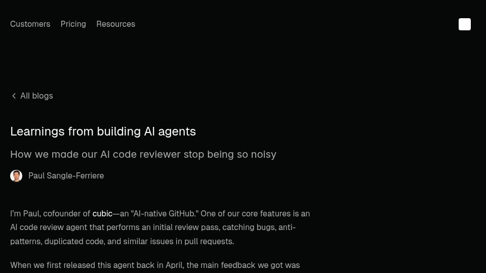 Screenshot of cubic.dev: Learnings from building AI agents