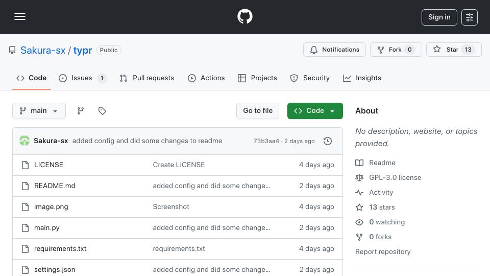 Screenshot of github.com: Typr – TUI typing test with a word selection algorithm inspired by keybr