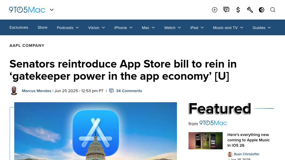 Screenshot of 9to5mac.com: Senators reintroduce App Store bill to rein in 'gatekeeper power'