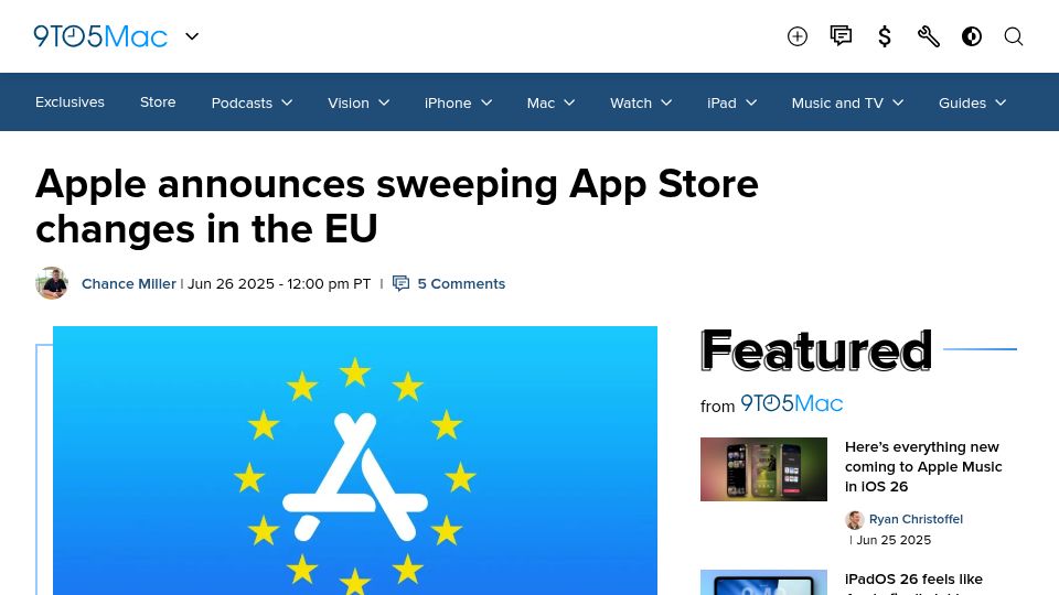 Screenshot of 9to5mac.com: Apple announces sweeping App Store changes in the EU