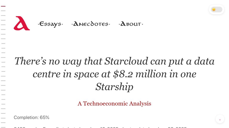 Screenshot of angadh.com: Starcloud can’t put a data centre in space at $8.2M in one Starship