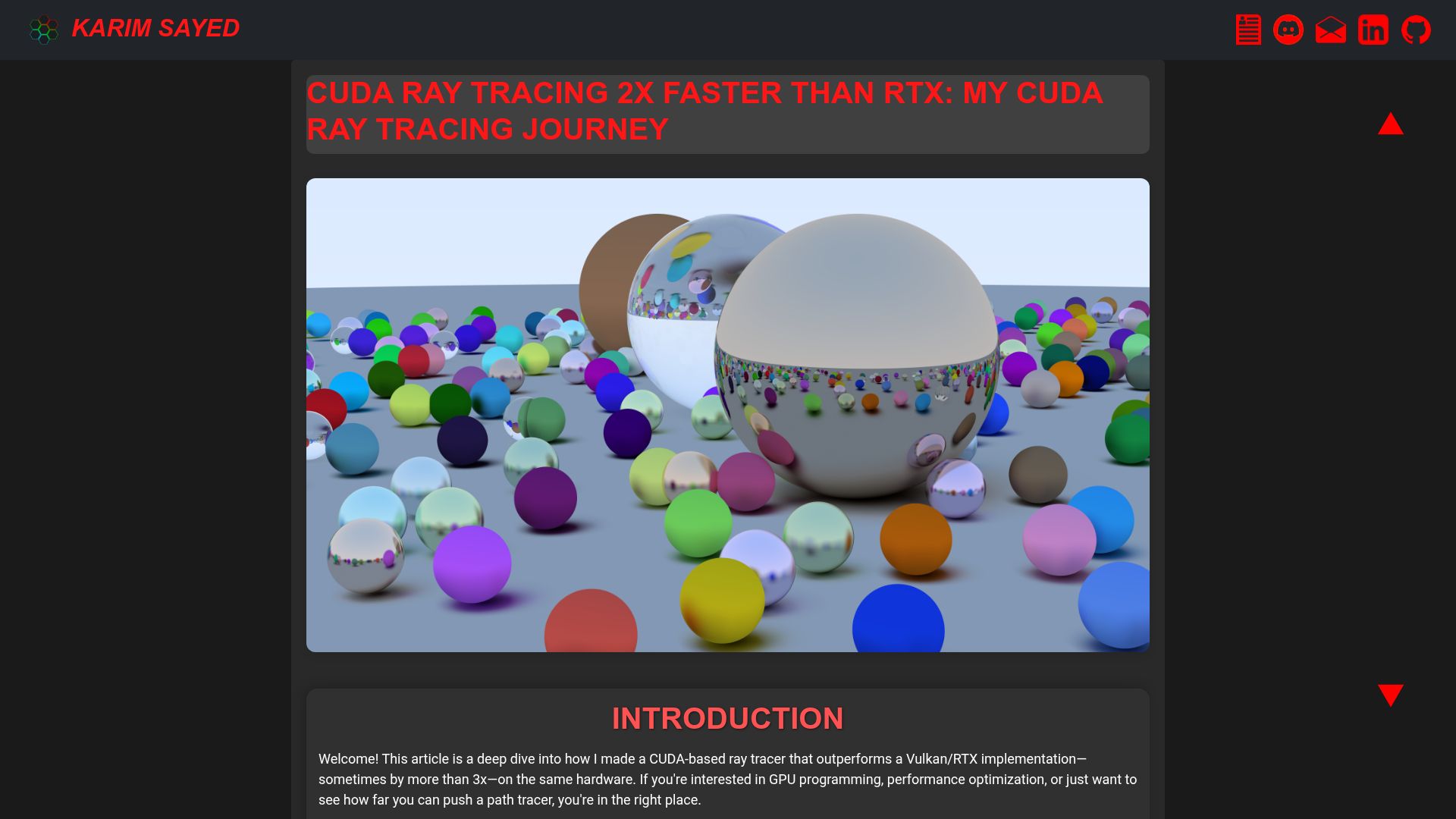 Screenshot of karimsayedre.github.io: CUDA Ray Tracing 2x Faster Than RTX: My CUDA Ray Tracing Journey