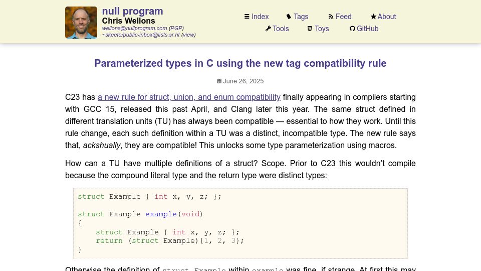 Screenshot of nullprogram.com: Parameterized types in C using the new tag compatibility rule