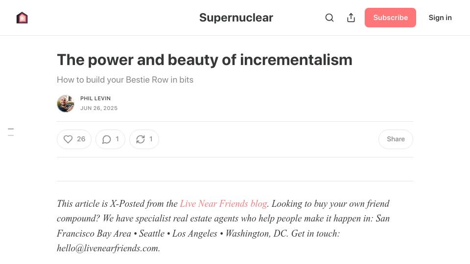 Screenshot of supernuclear.substack.com: The Power and Beauty of Incrementalism