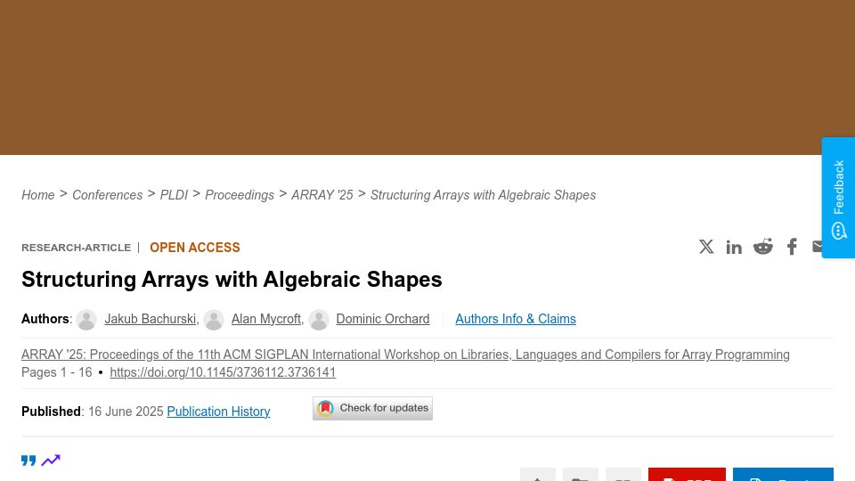 Screenshot of dl.acm.org: Structuring Arrays with Algebraic Shapes