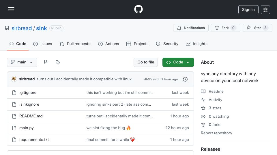 Screenshot of github.com: Show HN: Sink – Sync any directory with any device on your local network