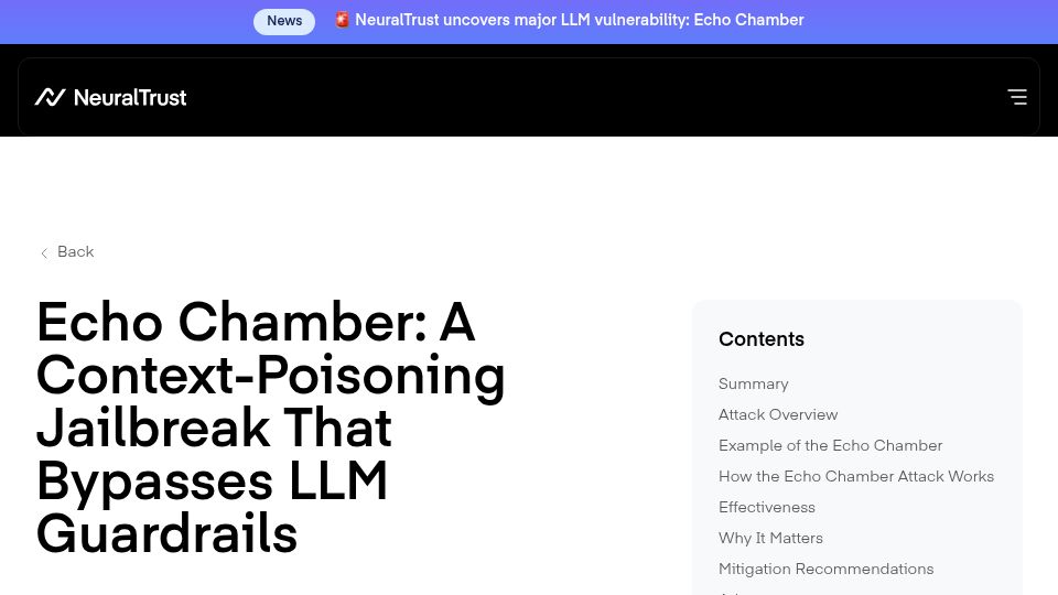 Screenshot of neuraltrust.ai: Echo Chamber: A Context-Poisoning Jailbreak That Bypasses LLM Guardrails
