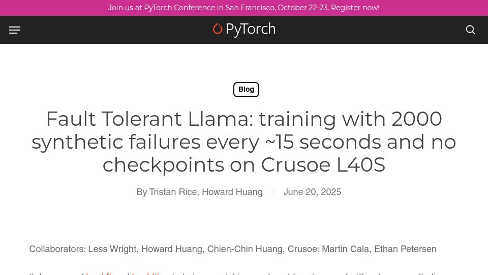 Screenshot of pytorch.org: Fault Tolerant Llama training