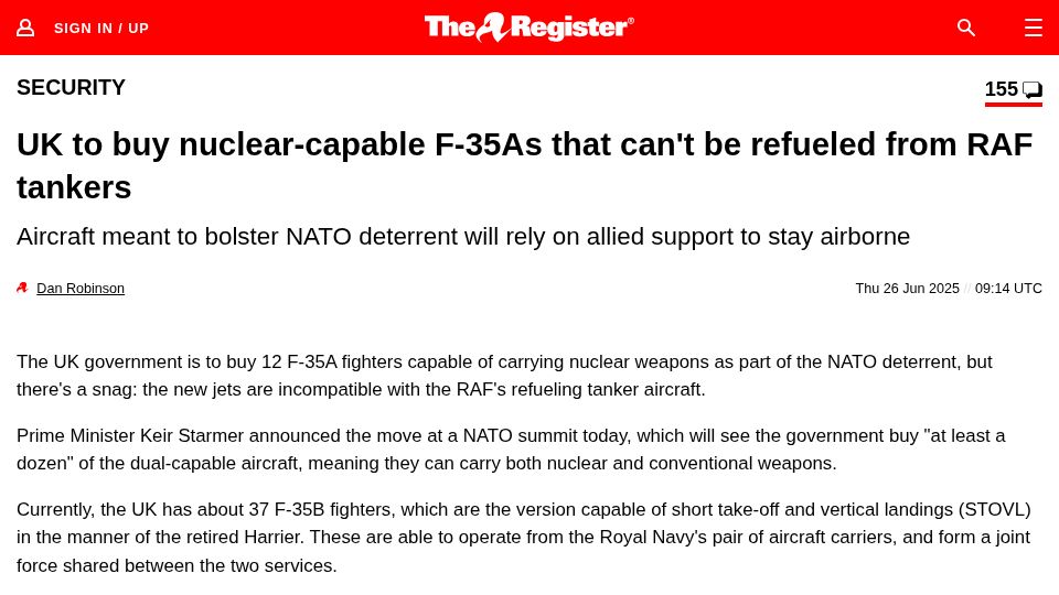Screenshot of theregister.com: UK to buy F-35As that can't be refueled from RAF tankers