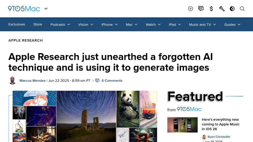 Screenshot of 9to5mac.com: Apple Research unearthed forgotten AI technique and using it to generate images