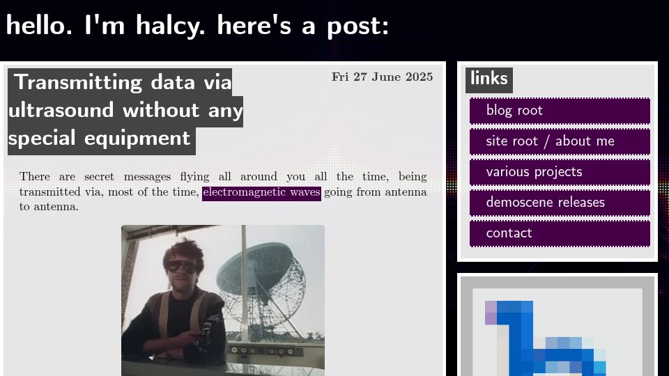 Screenshot of halcy.de: Transmitting data via ultrasound without any special equipment