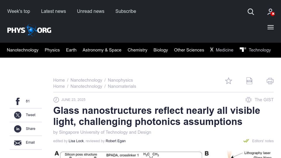 Screenshot of phys.org: Glass nanostructures reflect nearly all visible light, challenging assumptions
