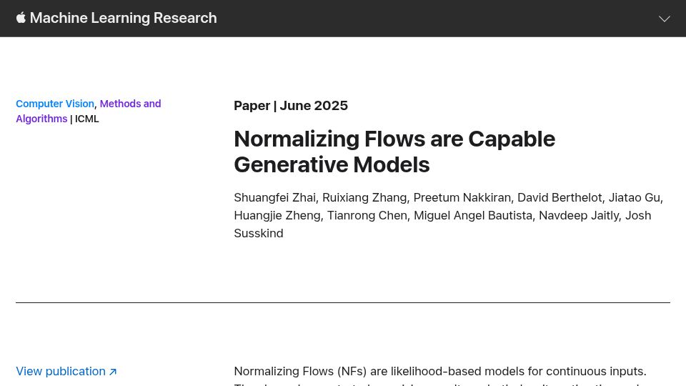 Screenshot of machinelearning.apple.com: Normalizing Flows Are Capable Generative Models