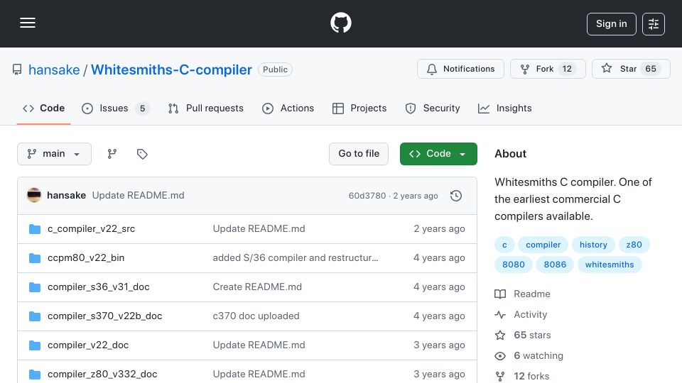 Screenshot of github.com: Whitesmiths C compiler: One of the earliest commercial C compilers available