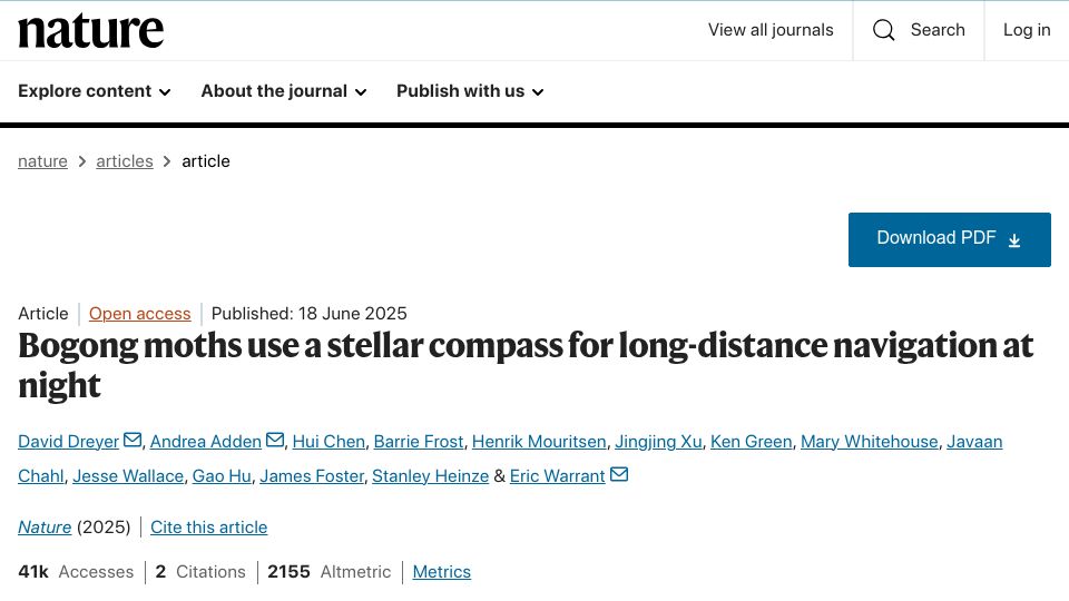 Screenshot of nature.com: Bogong moths use a stellar compass for long-distance navigation at night