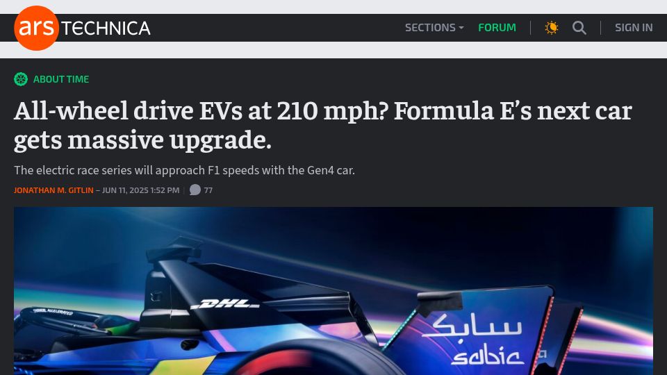 Screenshot of arstechnica.com: All-wheel drive EVs at 210 MPH? Formula E's next car gets upgrade
