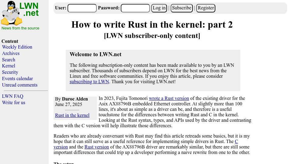 Screenshot of lwn.net: Rust in the Linux kernel: part 2