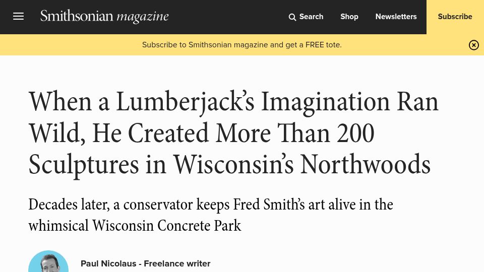 Screenshot of smithsonianmag.com: A lumberjack created more than 200 sculptures in Wisconsin's Northwoods